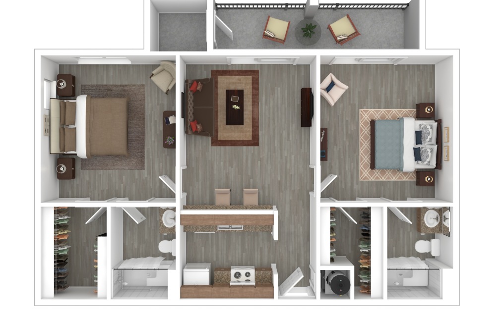 Two Bedroom - 2 bedroom floorplan layout with 2 bathrooms and 840 square feet